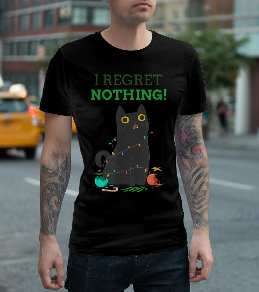 Black Cat Wrapped in Christmas Lights I Regret Nothing T-Shirt