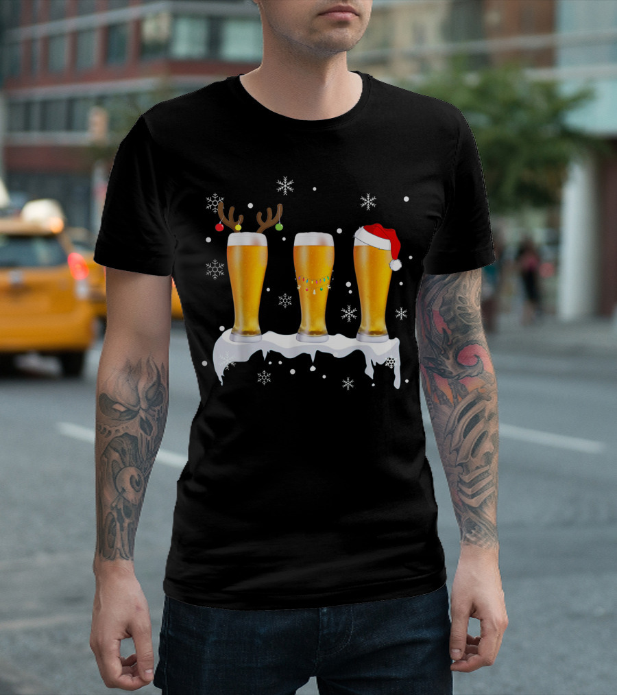 Christmas Beer Reindeer Santa Holiday Snowflakes T-Shirt