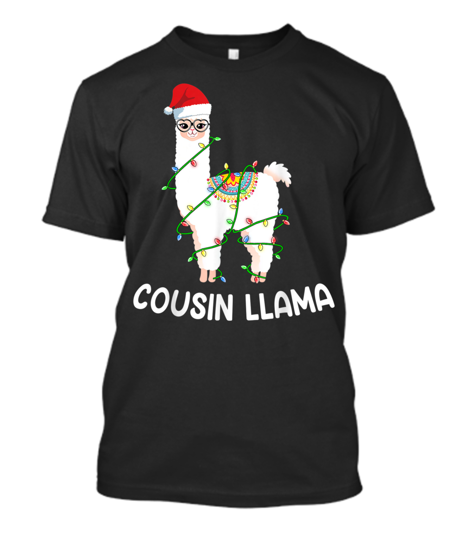 Cousin Llama Christmas Lights Santa Hat Glasses T-Shirt
