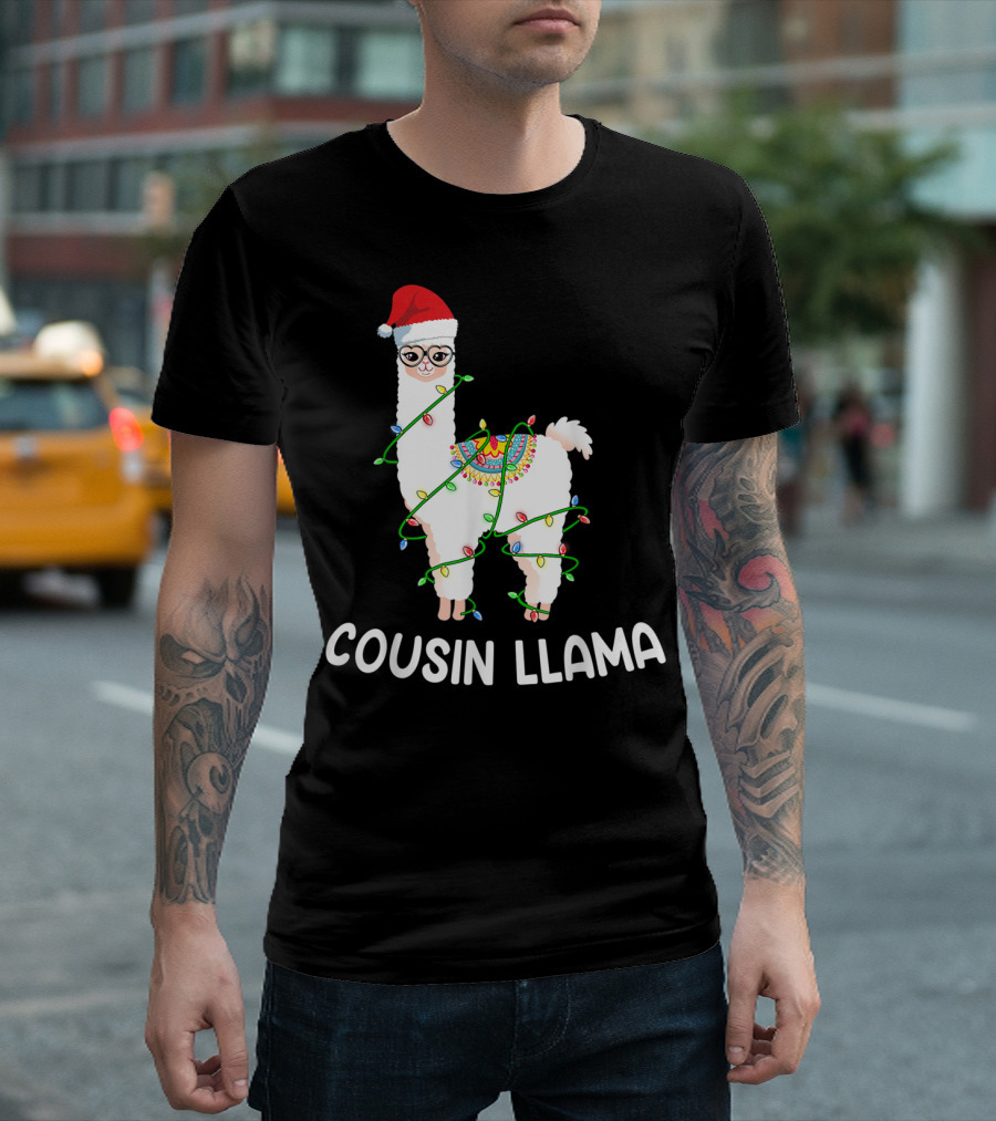 Cousin Llama Christmas Lights Santa Hat Glasses T-Shirt