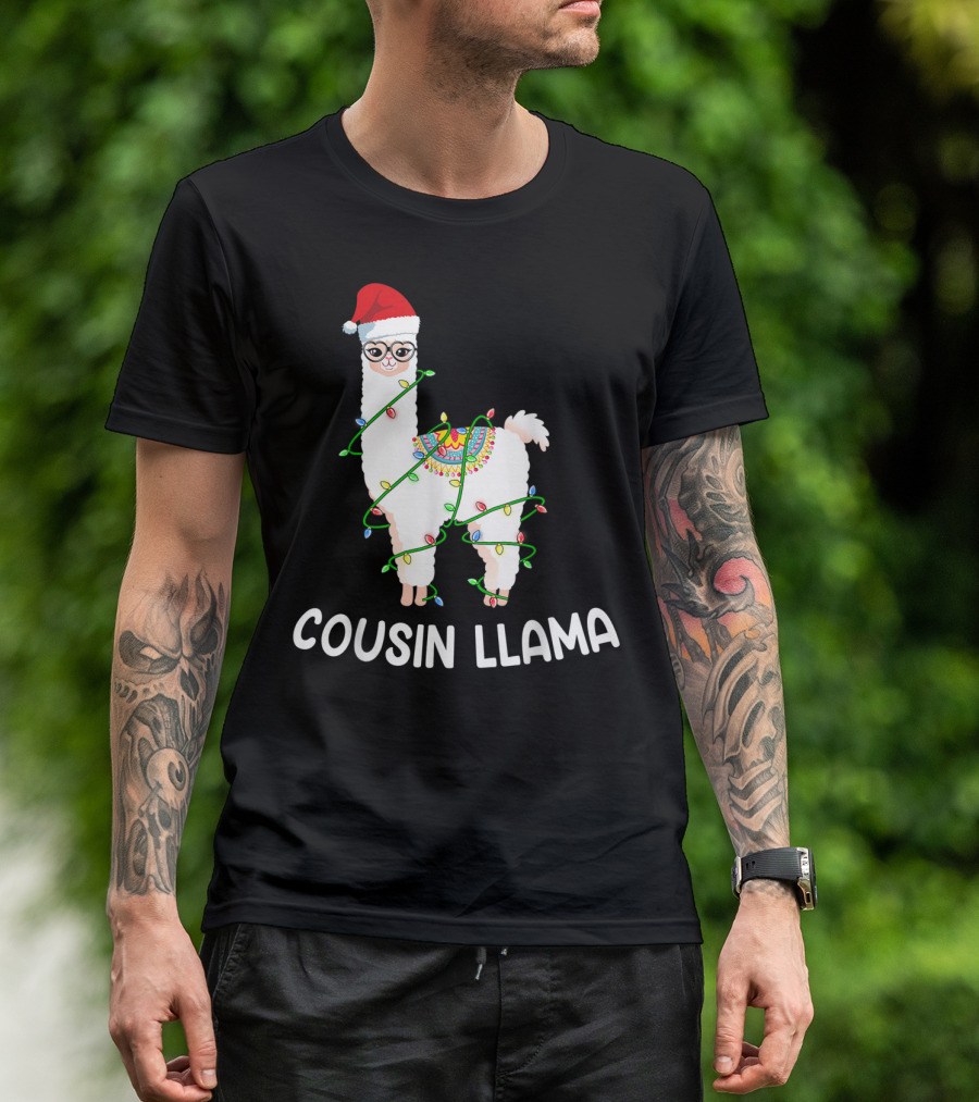 Cousin Llama Christmas Lights Santa Hat Glasses T-Shirt