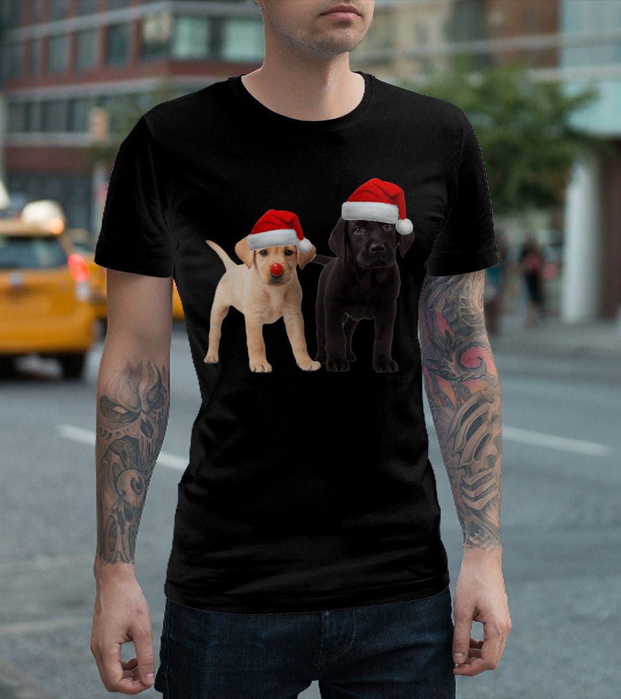 Cute Black Yellow Lab Puppies Santa Hat Dog Christmas T-Shirt
