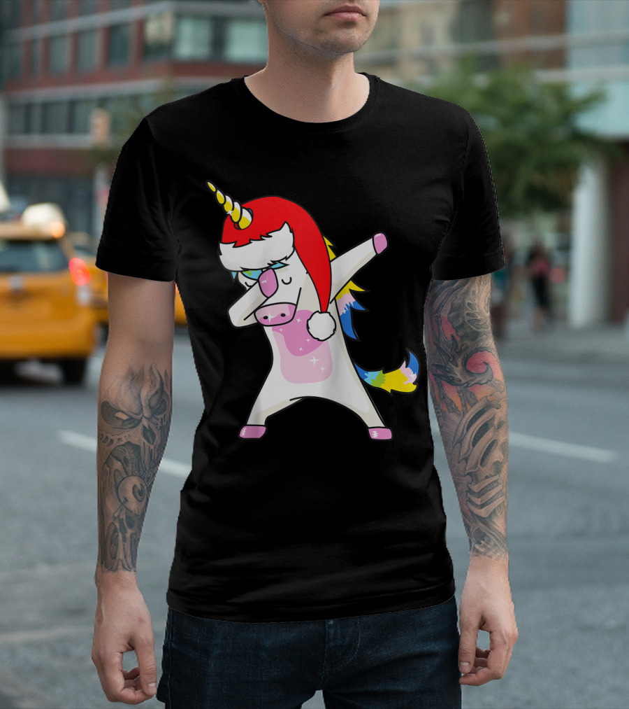 Dabbing Unicorn Santa Hat Christmas Rainbow T-Shirt