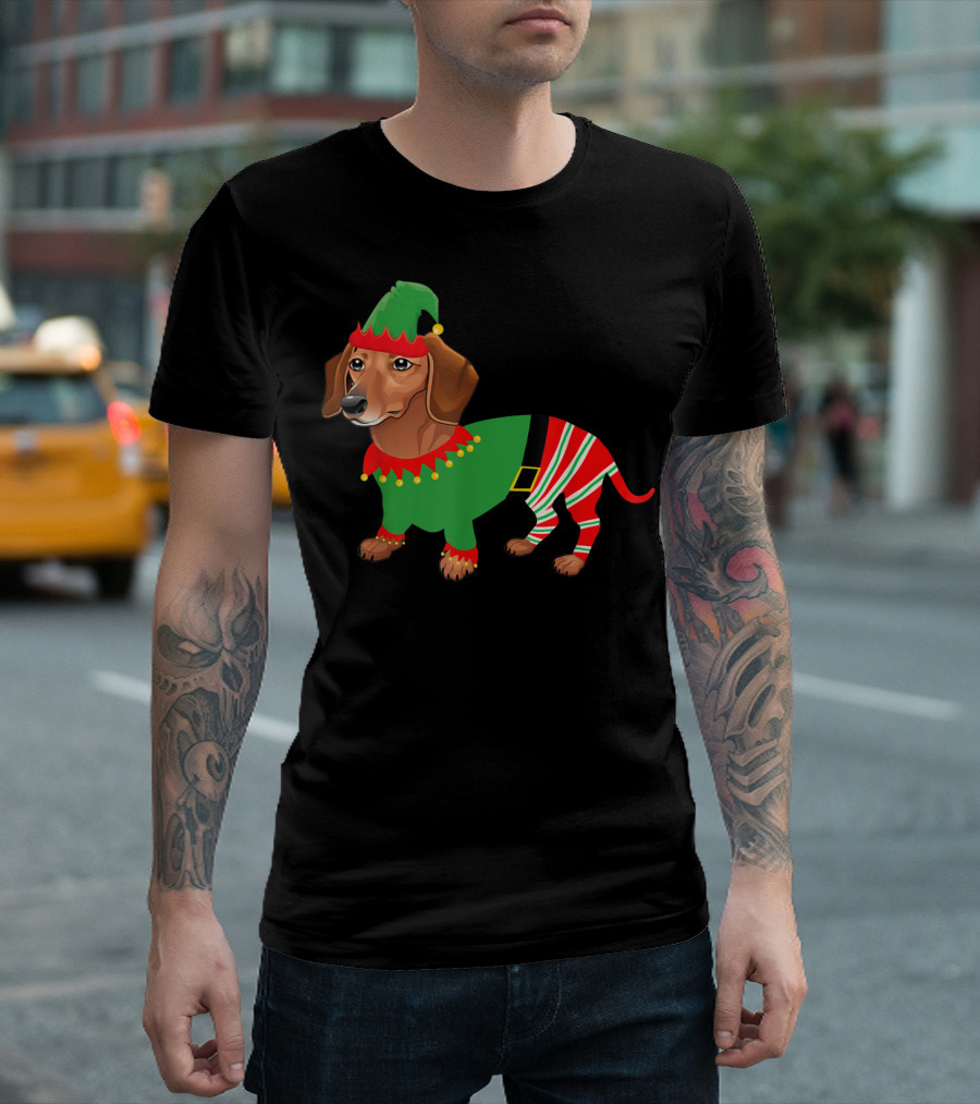 Dachshund In Elf Costume With Festive Red And Green Attire T-Shirt