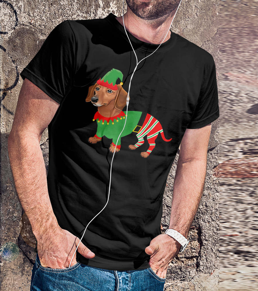 Dachshund In Elf Costume With Festive Red And Green Attire T-Shirt
