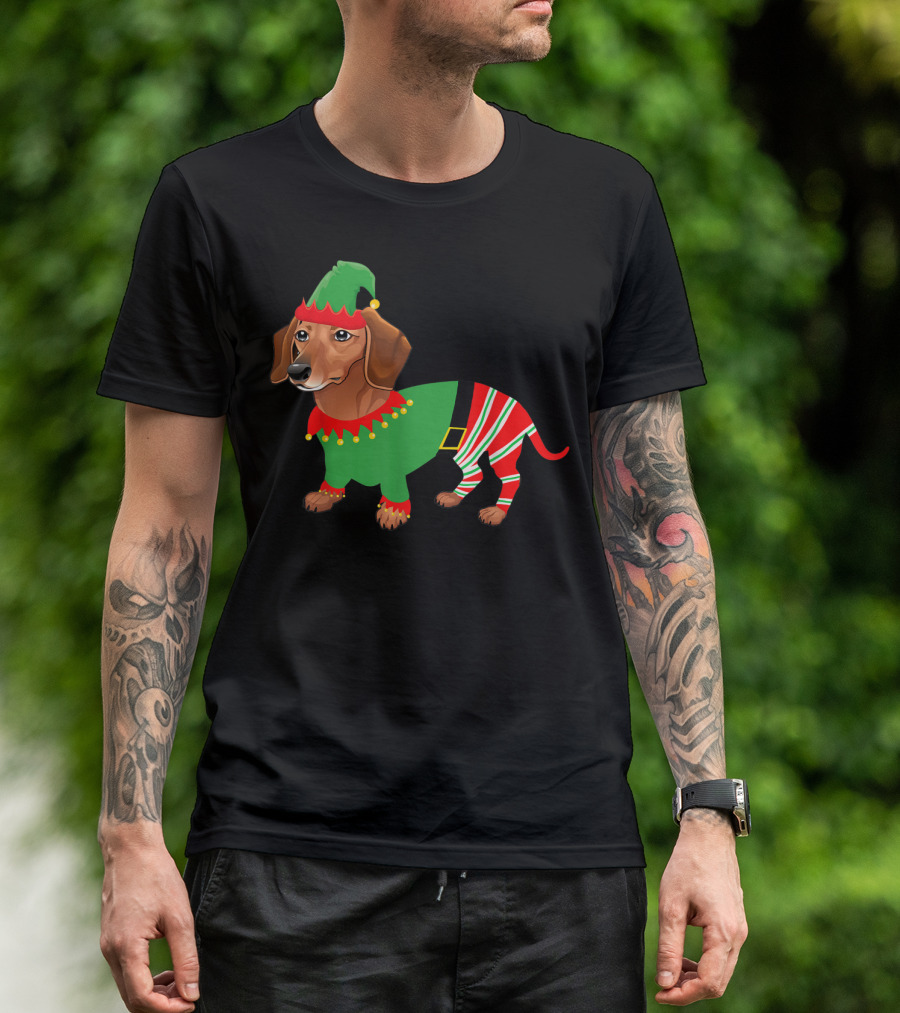Dachshund In Elf Costume With Festive Red And Green Attire T-Shirt