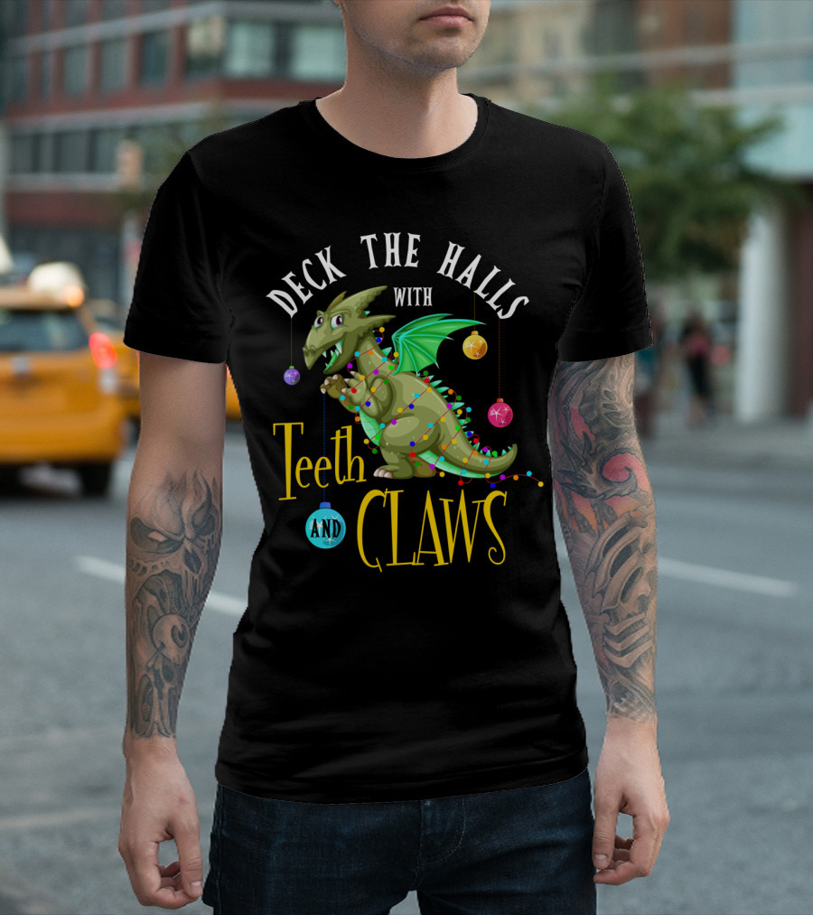 Deck The Halls With Teeth And Claws Dinosaur Holiday Lights T-Shirt
