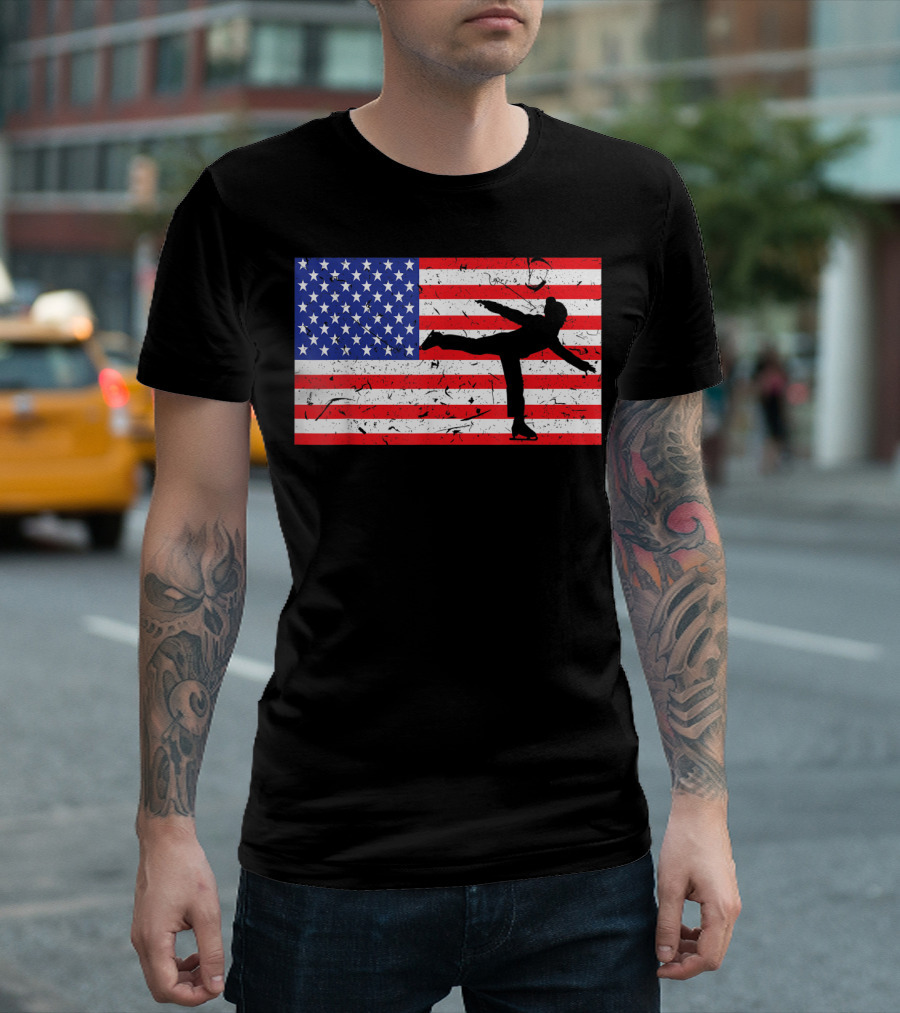 Distressed American Flag Ice Skating Silhouette USA T-Shirt