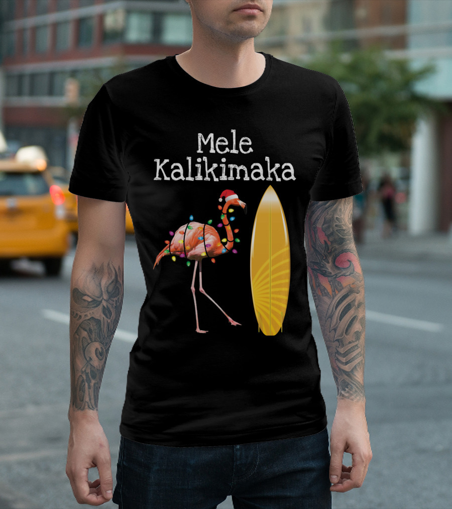 Mele Kalikimaka Flamingo Christmas Surfboard Hawaiian T-Shirt