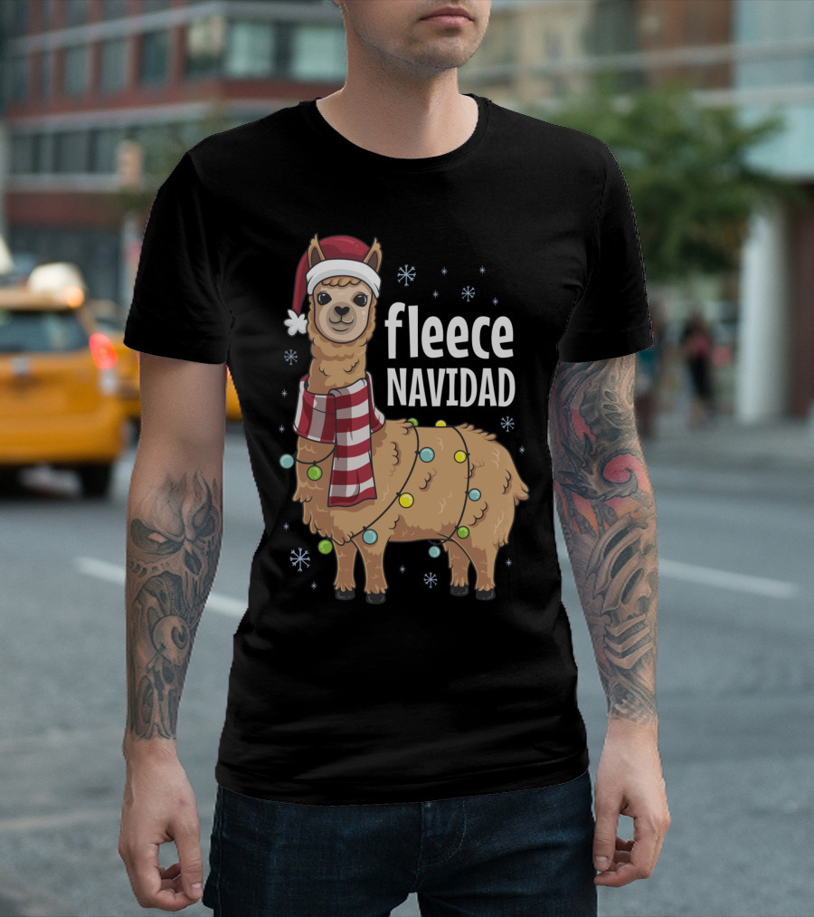 Fleece Navidad Funny Cute Llama Santa Hat Christmas Lights Snowflakes T-Shirt