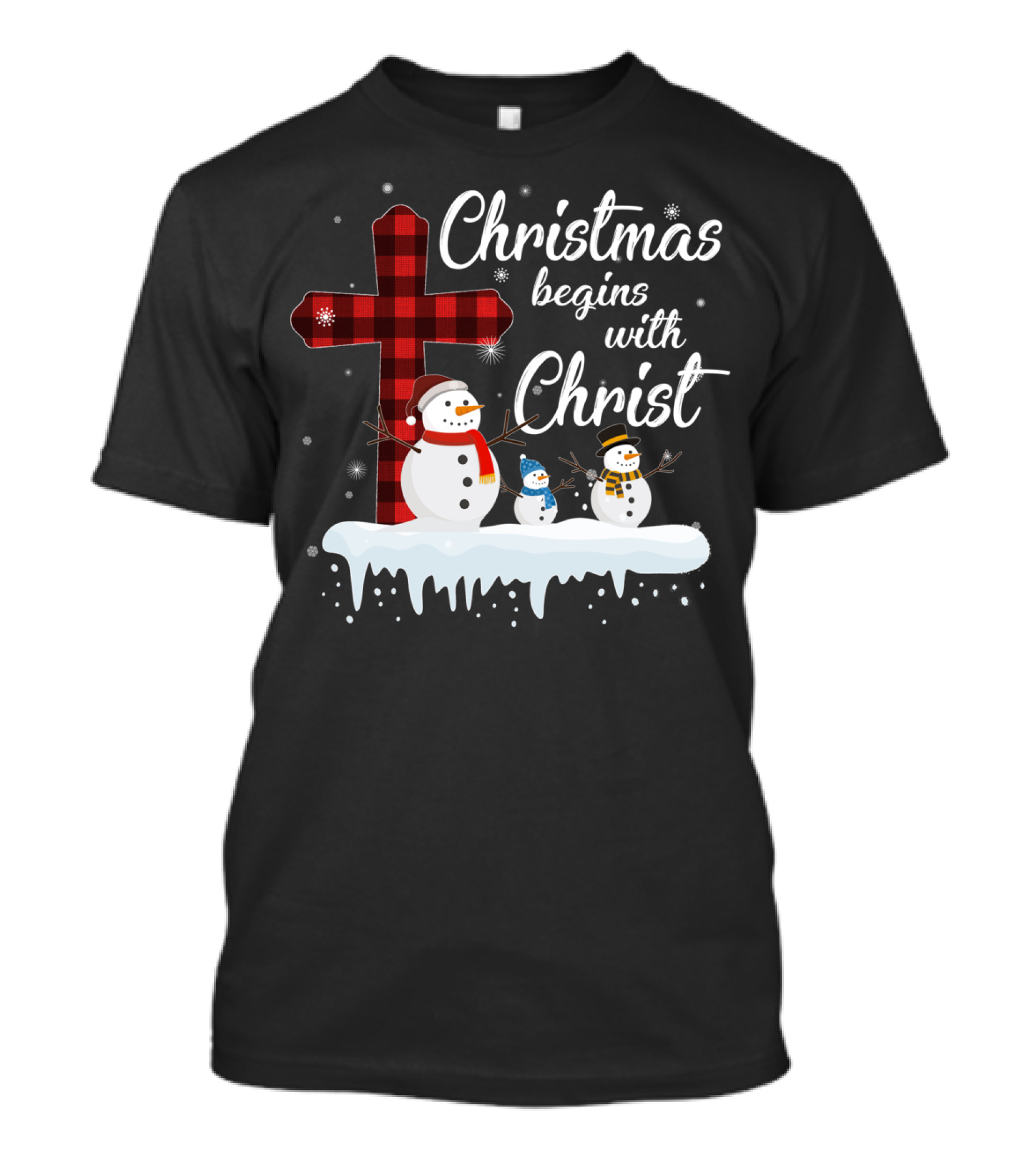 Christmas Begins With Christ Snowman Family Plaid Cross T-Shirt