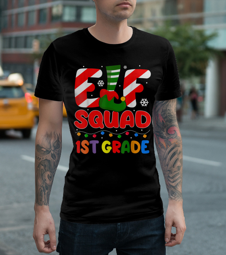 Elf Squad 1st Grade Funny Holiday Lights Snowflakes T-Shirt