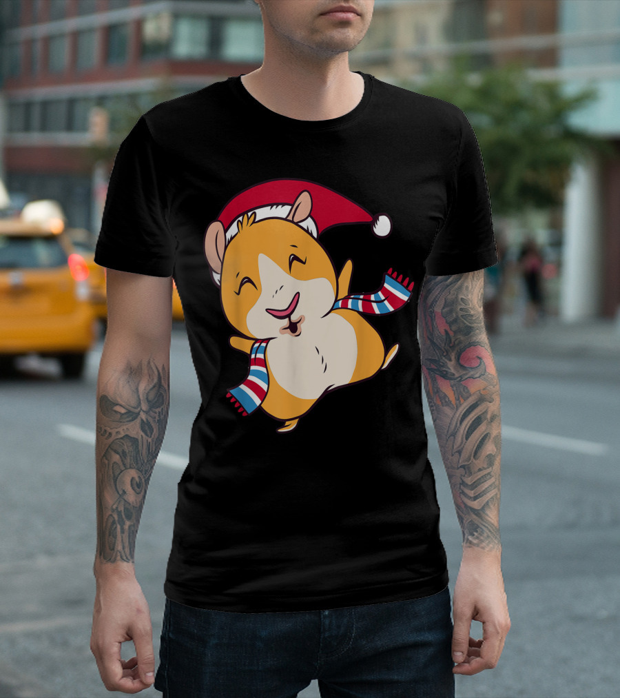 Funny Guinea Pig Santa Hat Christmas Merry Scarf T-Shirt