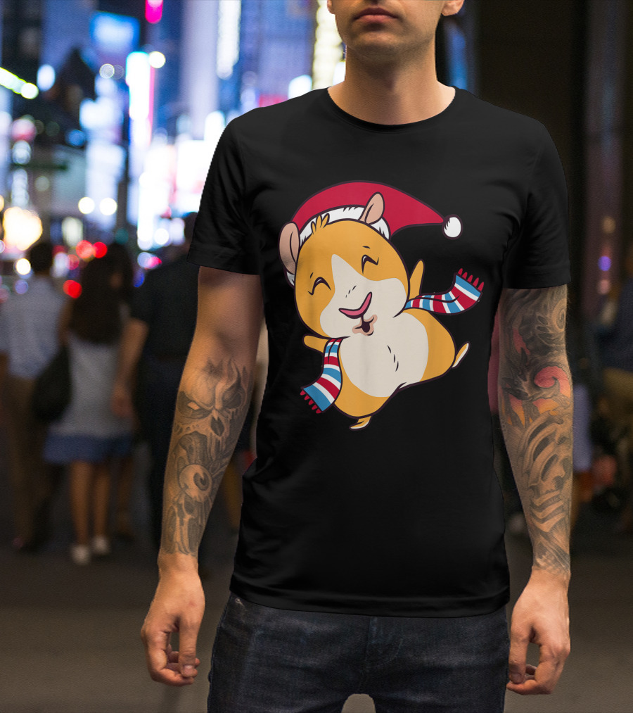 Funny Guinea Pig Santa Hat Christmas Merry Scarf T-Shirt