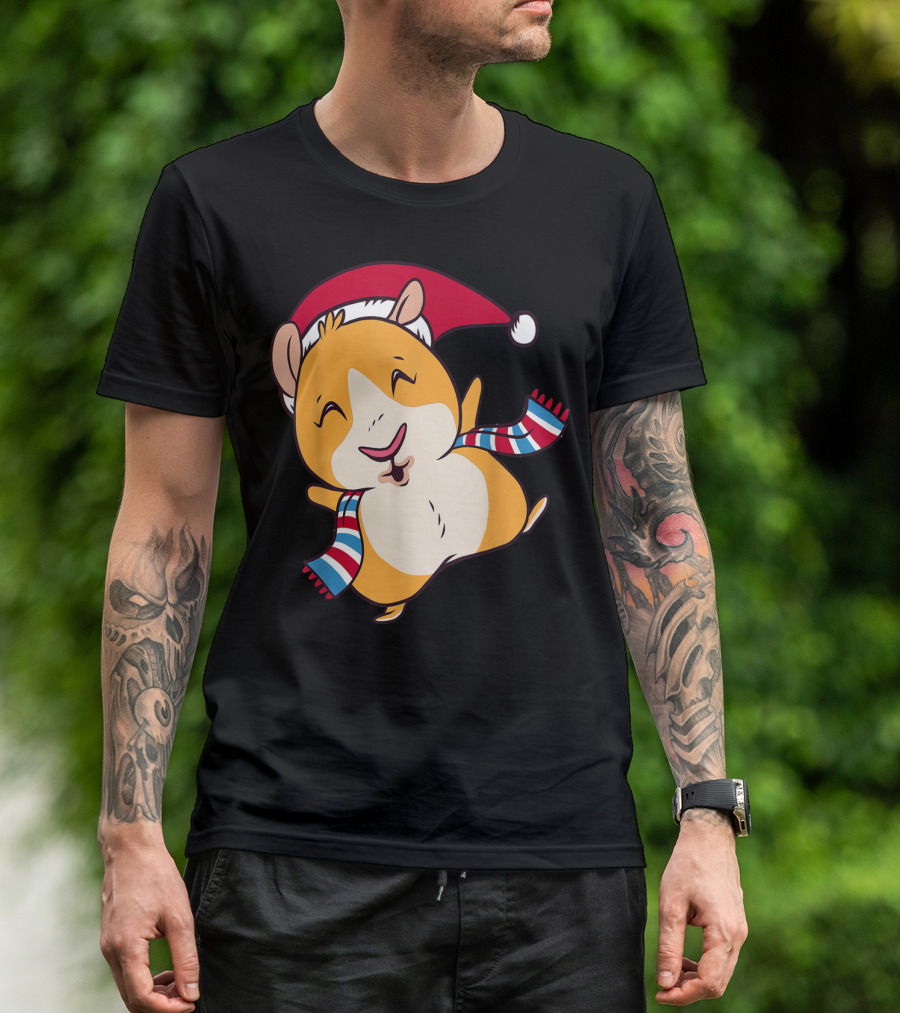Funny Guinea Pig Santa Hat Christmas Merry Scarf T-Shirt