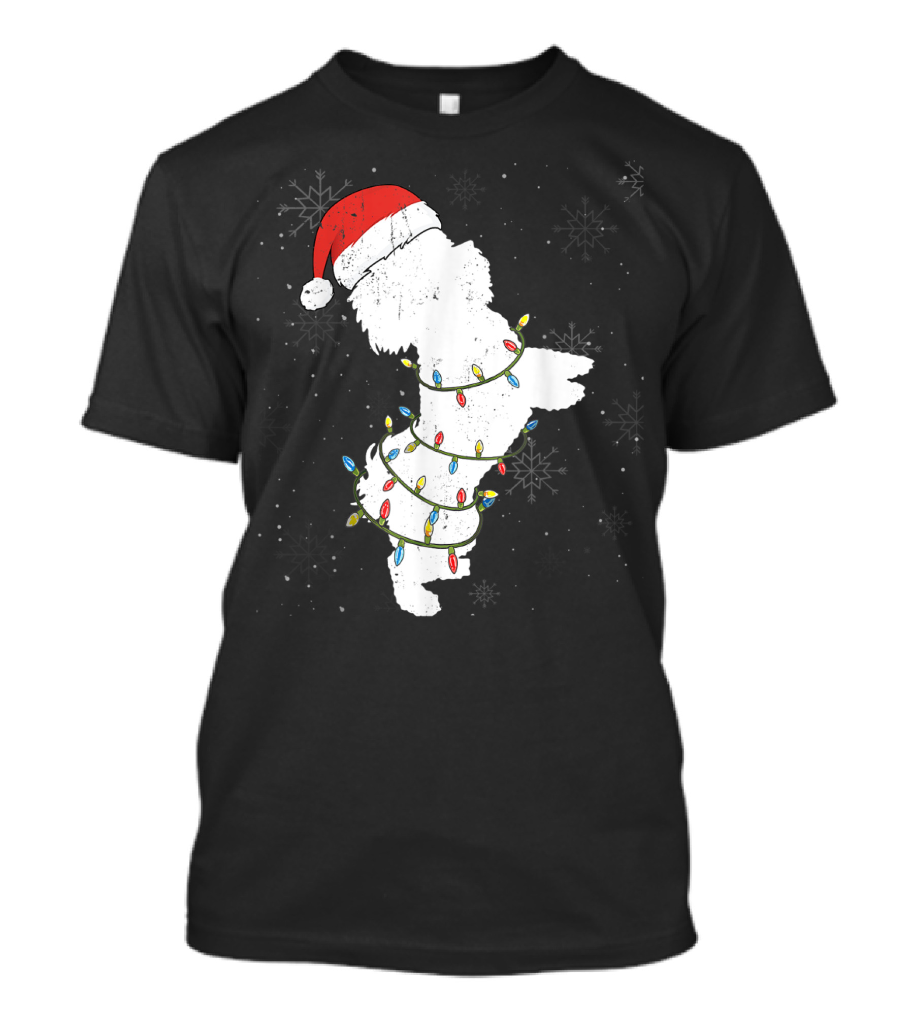 Maltese Dog With Santa Hat And Christmas Lights In Snowy Holiday Scene T-Shirt