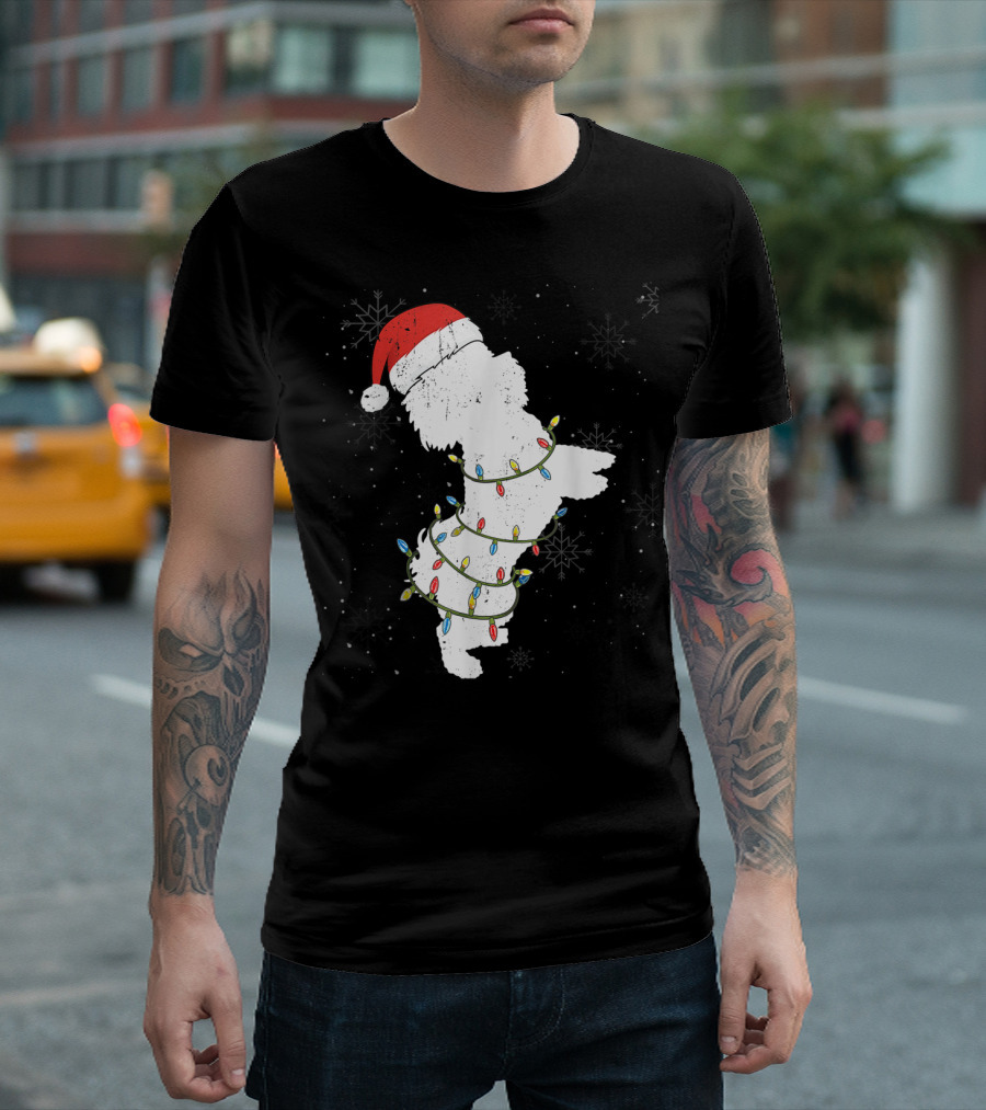 Maltese Dog With Santa Hat And Christmas Lights In Snowy Holiday Scene T-Shirt