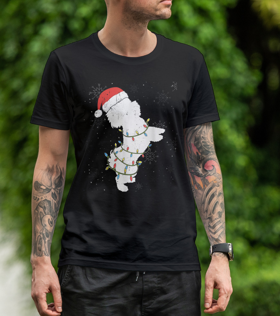 Maltese Dog With Santa Hat And Christmas Lights In Snowy Holiday Scene T-Shirt