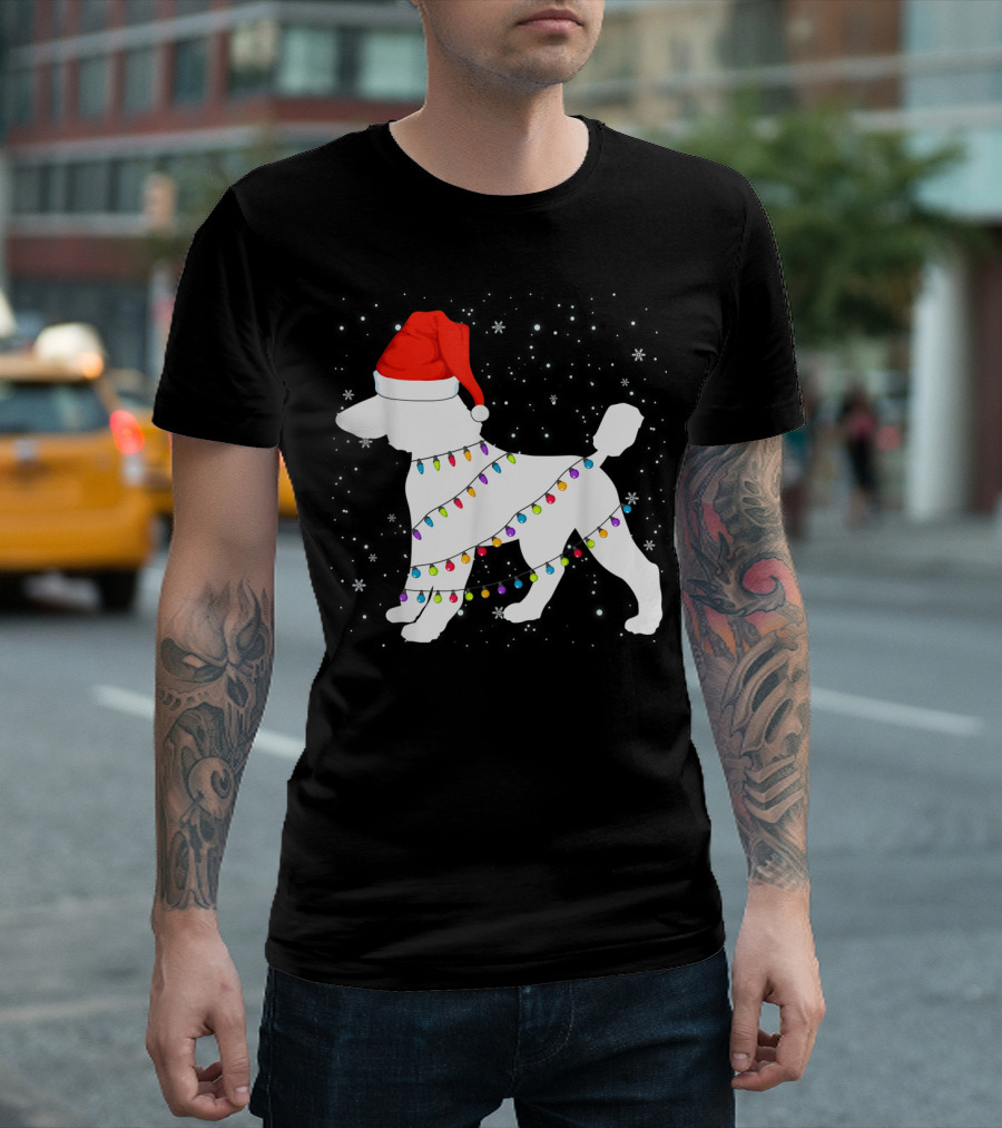 Poodle Wrapped in Christmas Lights with Santa Hat and Snowflakes T-Shirt