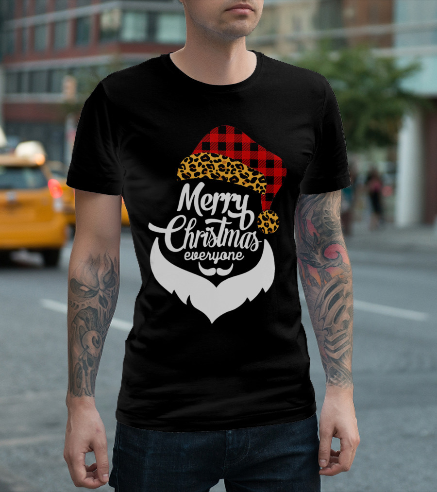 Merry Christmas Everyone Funny Santa Buffalo Plaid Leopard Xmas Merry T-Shirt