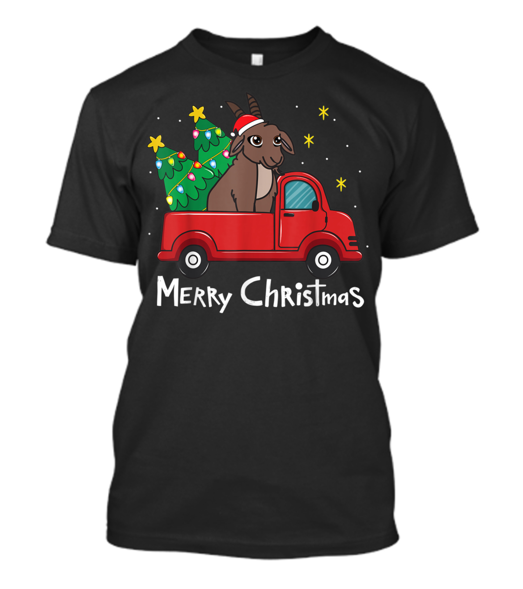 Merry Christmas Goat In Red Truck With Ornamented Tree T-Shirt