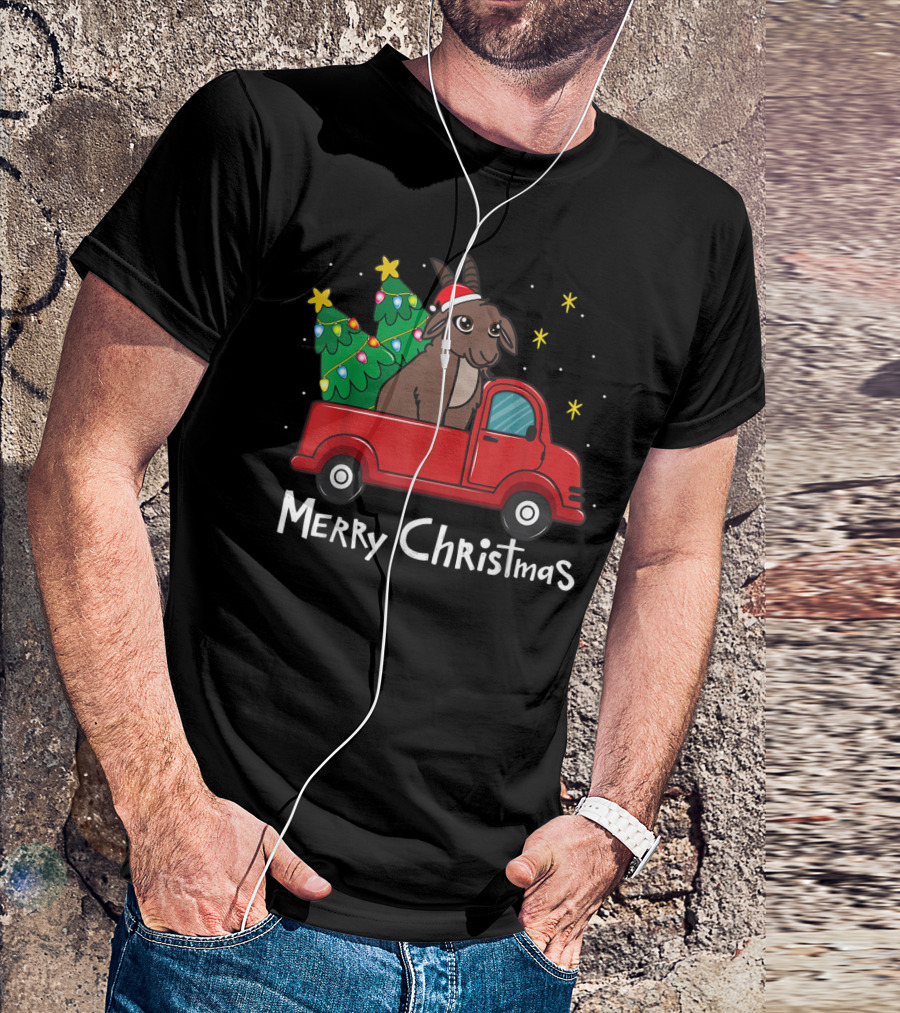 Merry Christmas Goat In Red Truck With Ornamented Tree T-Shirt