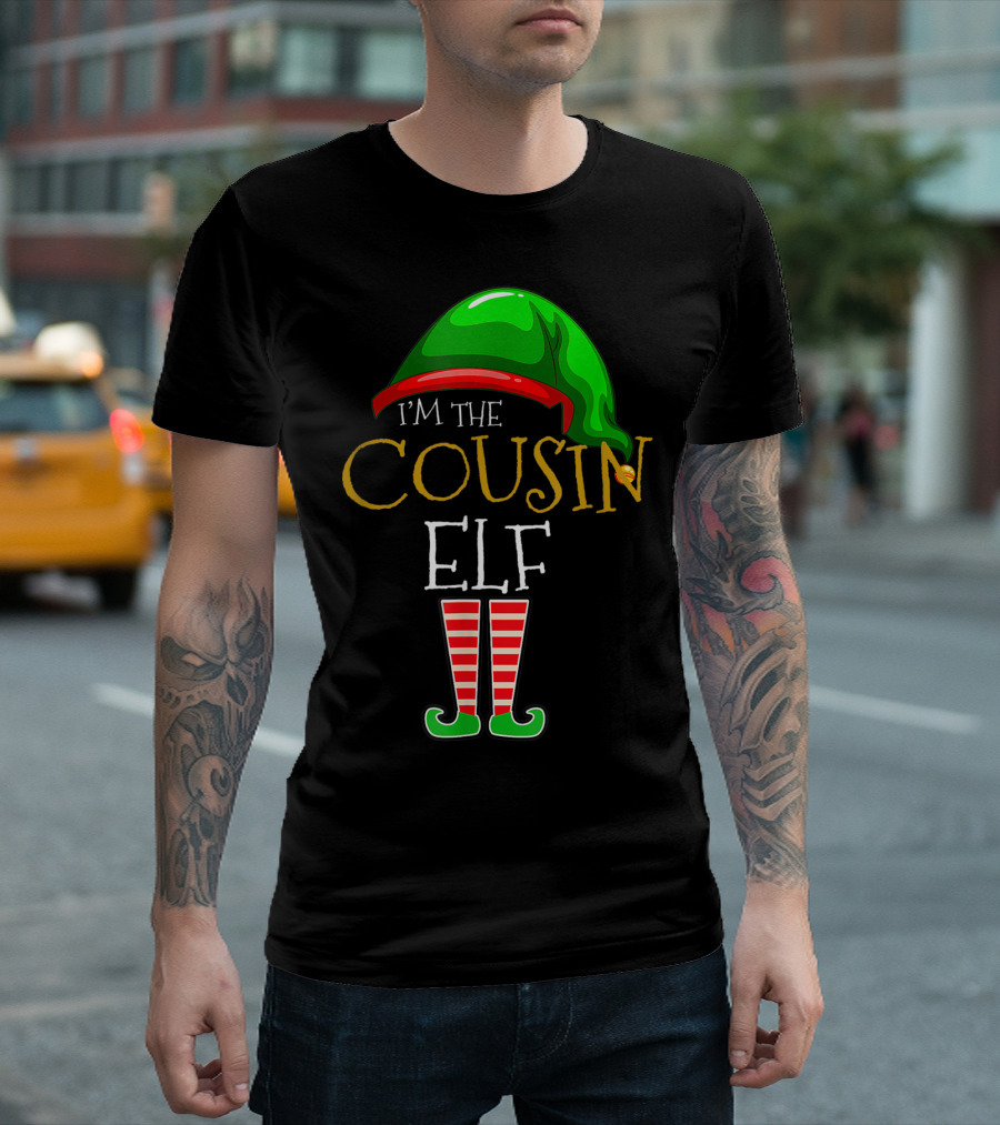 I'm the Cousin Elf Green Hat Red Striped Socks Funny Xmas Family T-Shirt