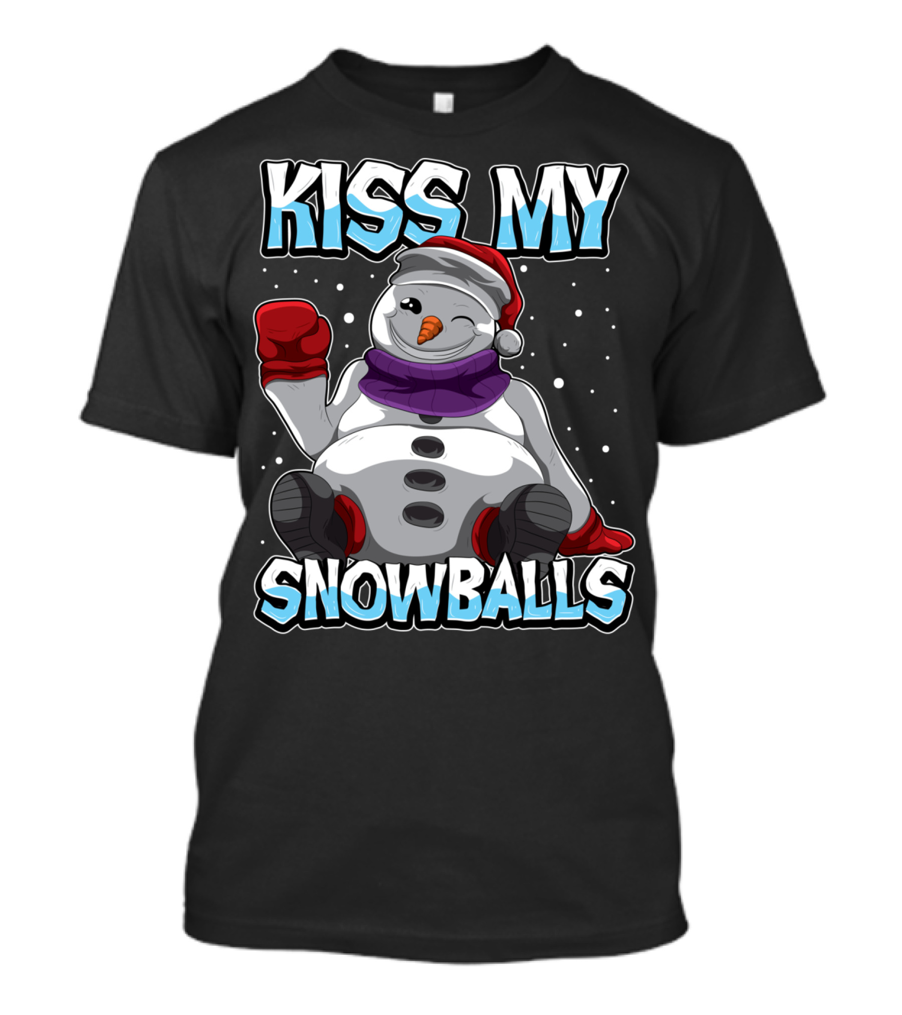 Kiss My Snowballs Funny Xmas Pun Christmas Snowman With Santa Hat And Purple Scarf T-Shirt