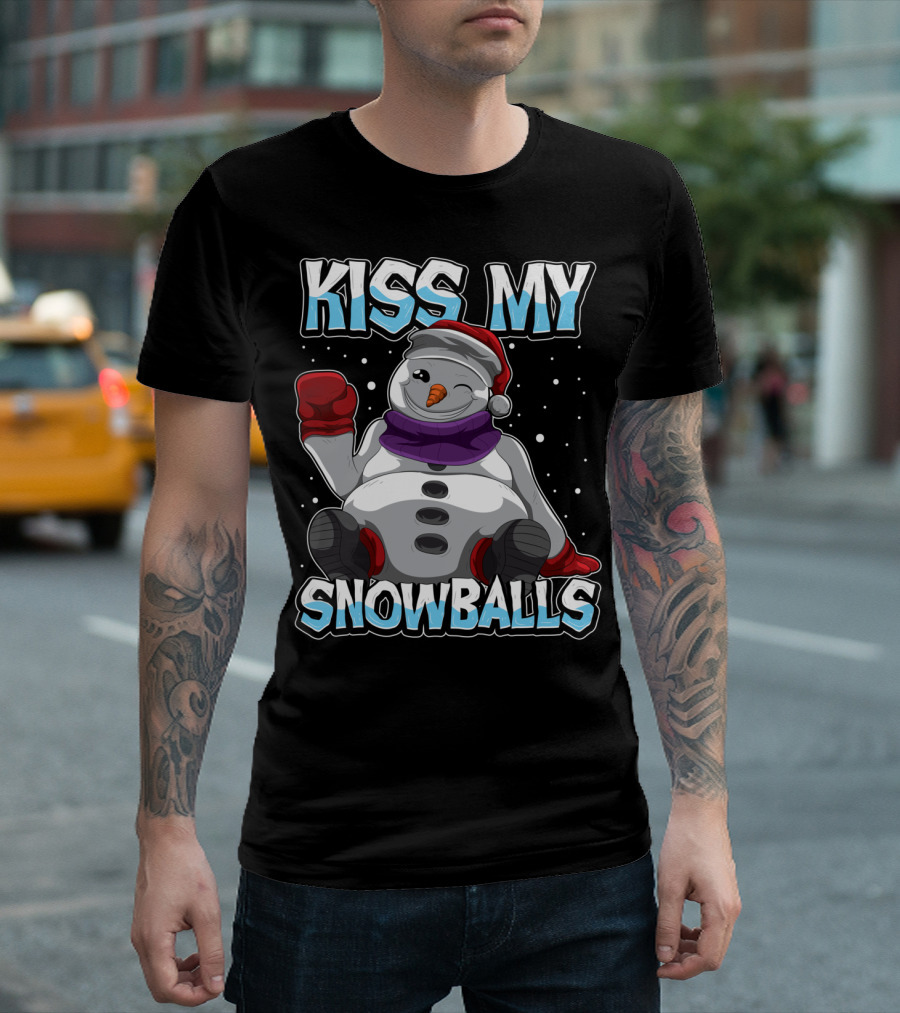 Kiss My Snowballs Funny Xmas Pun Christmas Snowman With Santa Hat And Purple Scarf T-Shirt