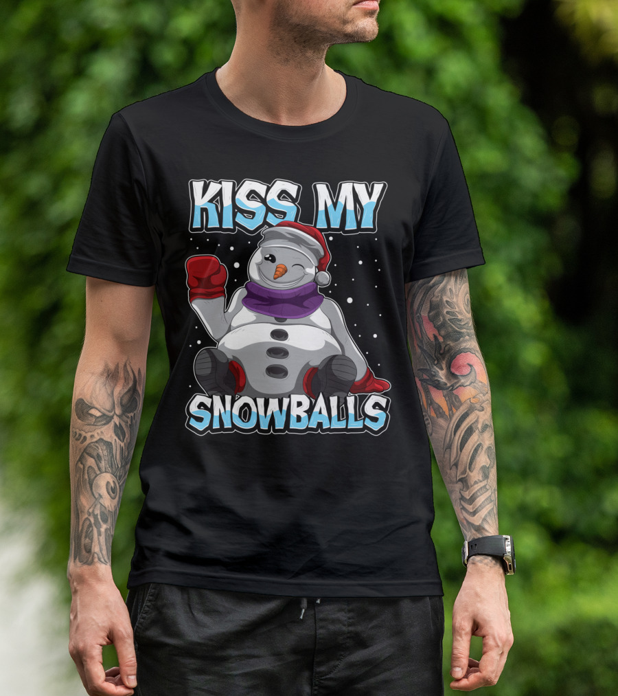 Kiss My Snowballs Funny Xmas Pun Christmas Snowman With Santa Hat And Purple Scarf T-Shirt