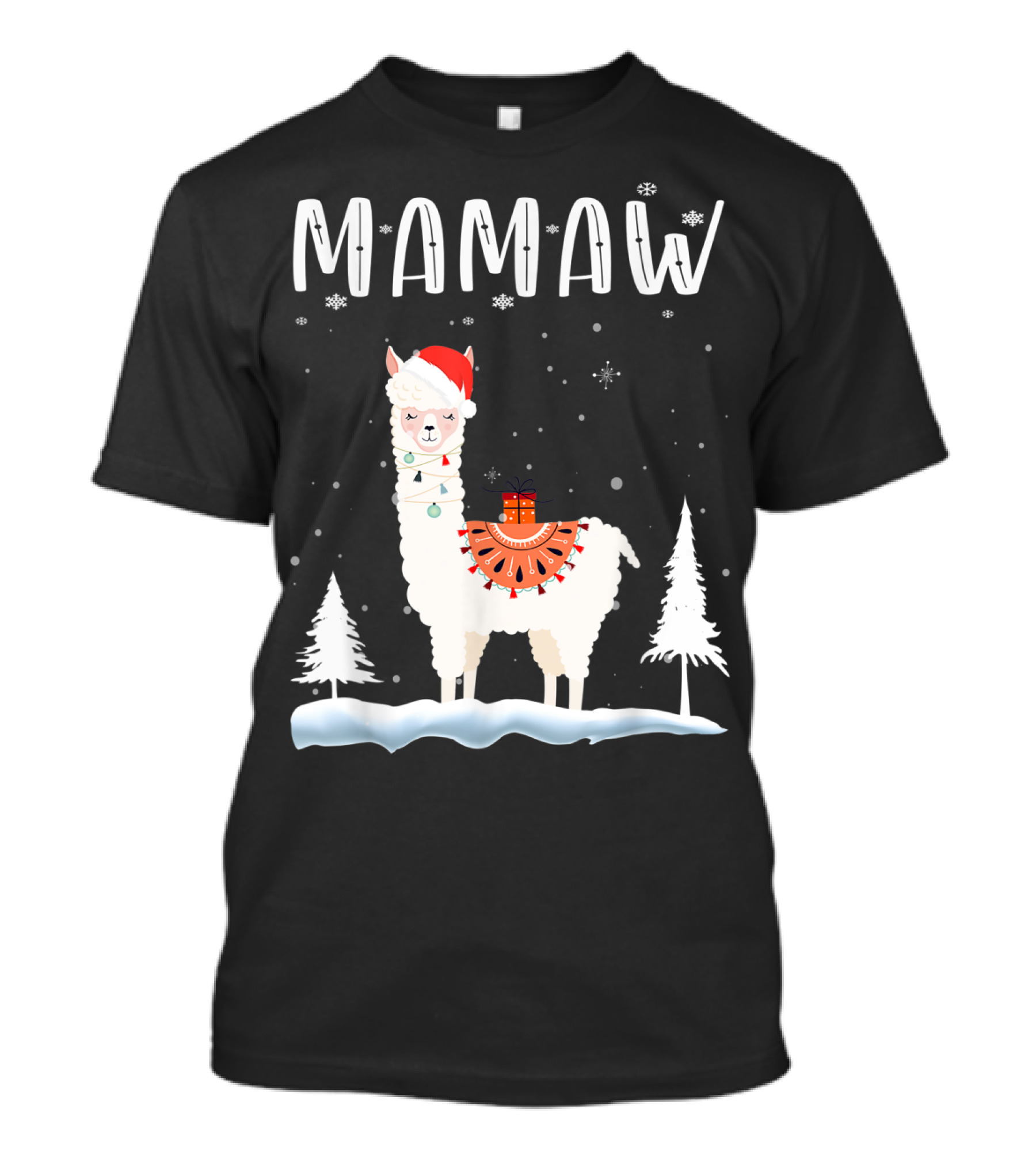 Mamaw Llama Christmas Santa Hat Snowflakes Winter Scene T-Shirt