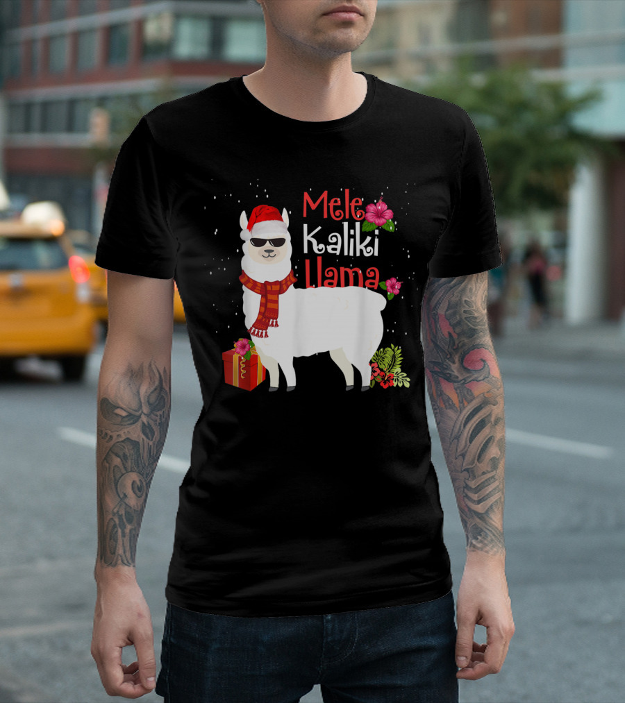 Mele Kaliki Llama Christmas Hawaiian Santa Llama with Gift and Flowers T-Shirt