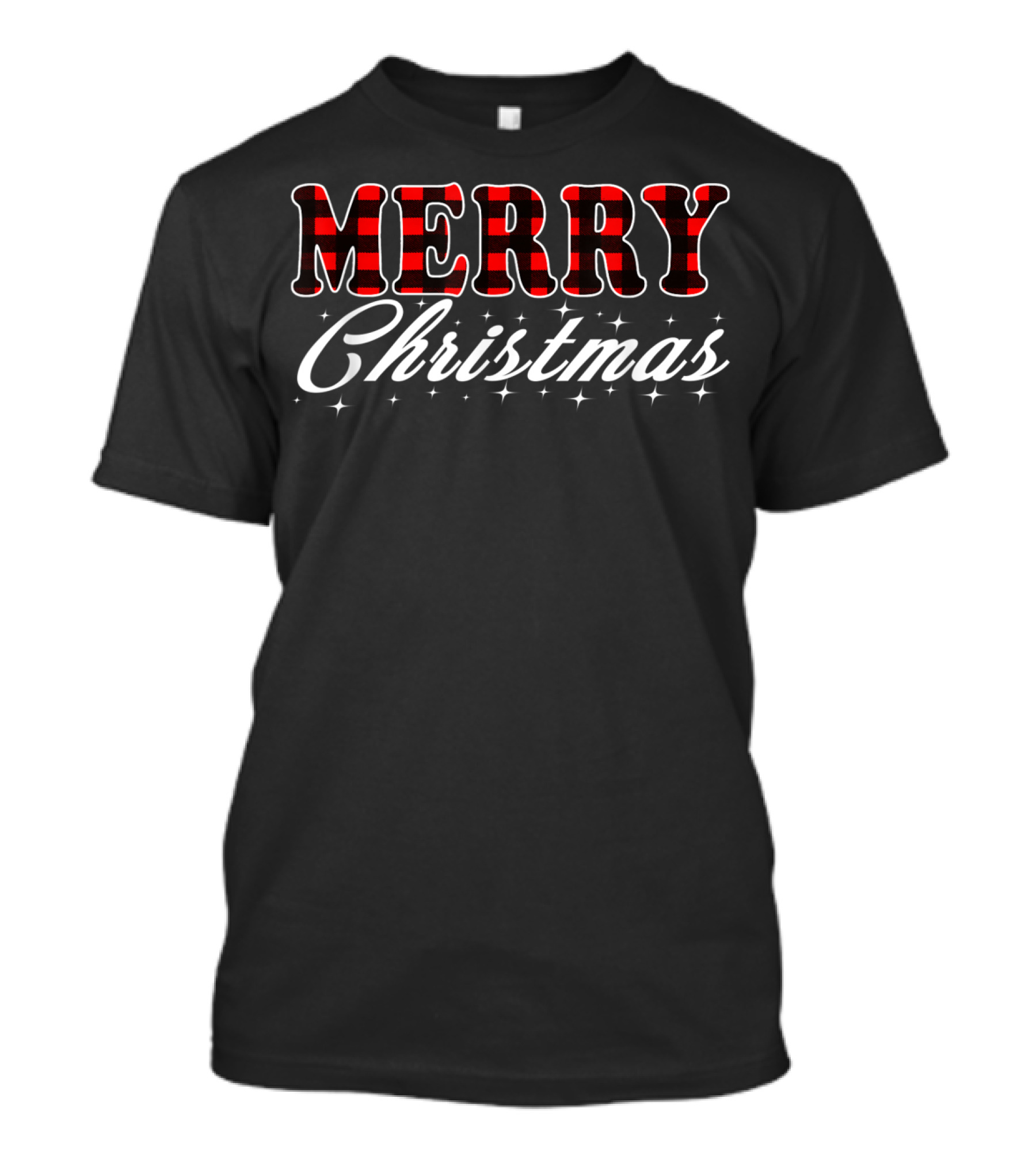 Merry Christmas Buffalo Plaid Text With Stars T-Shirt
