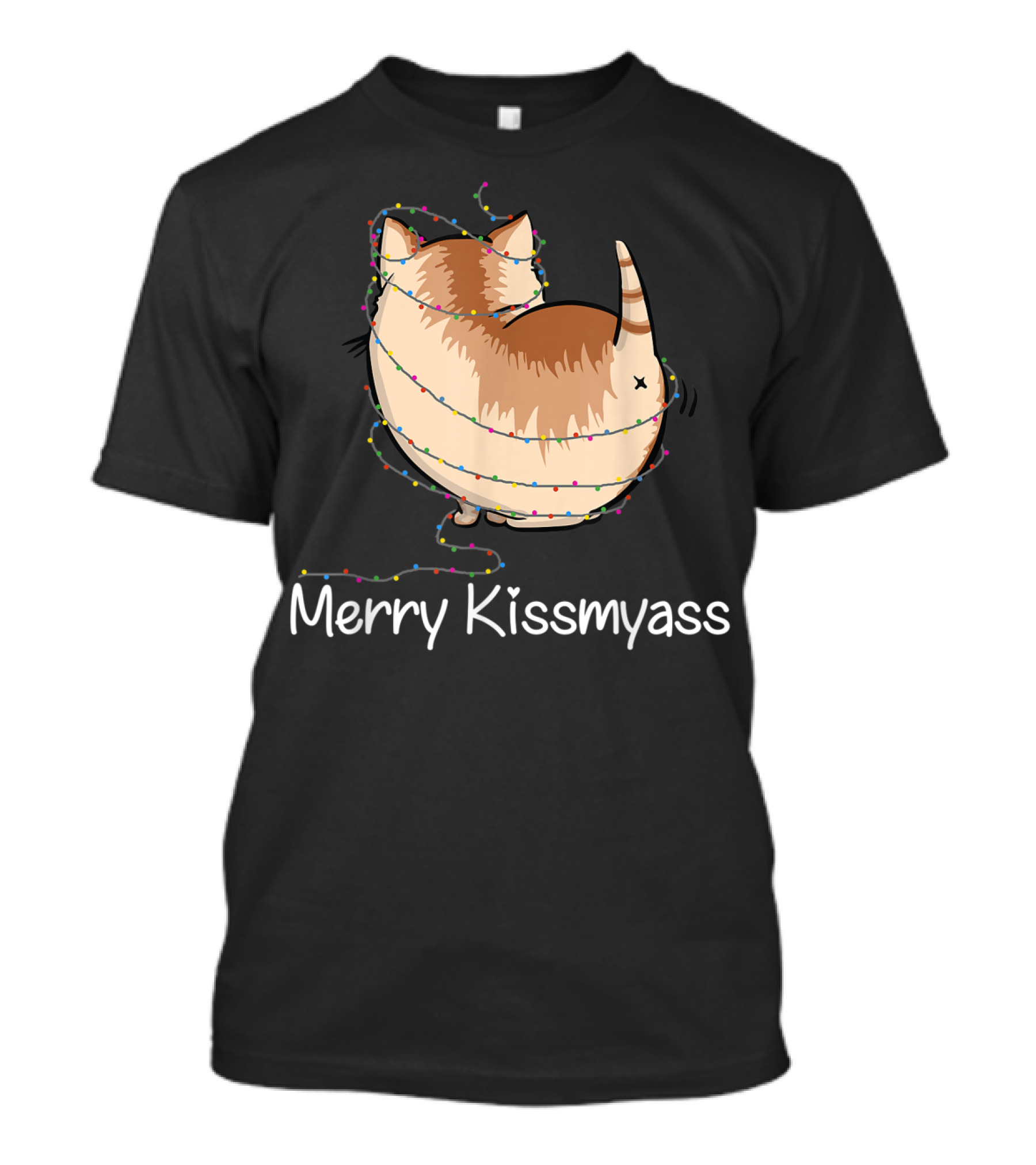 Merry Kissmyass Christmas Cat With Lights Santa Hat T-Shirt