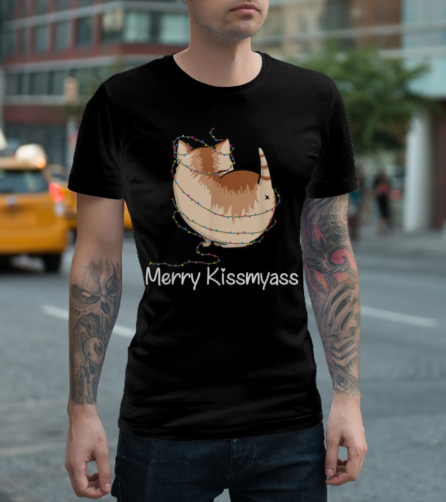 Merry Kissmyass Christmas Cat With Lights Santa Hat T-Shirt
