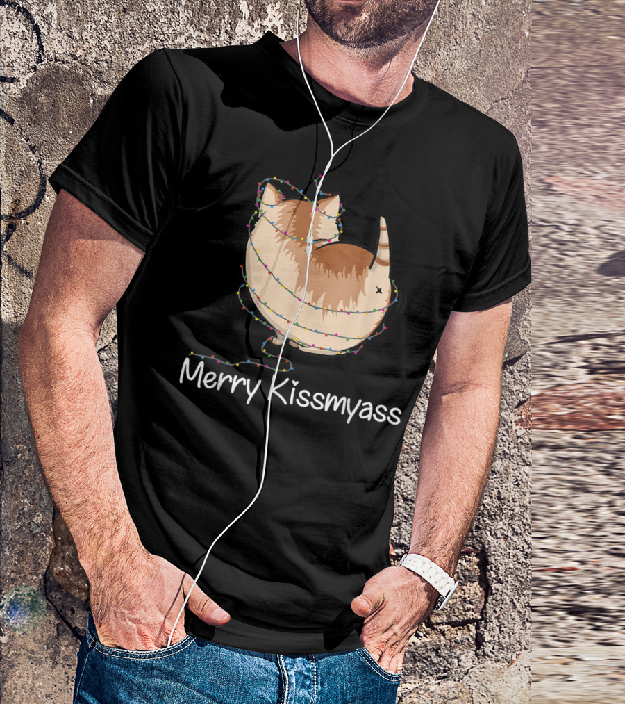 Merry Kissmyass Christmas Cat With Lights Santa Hat T-Shirt