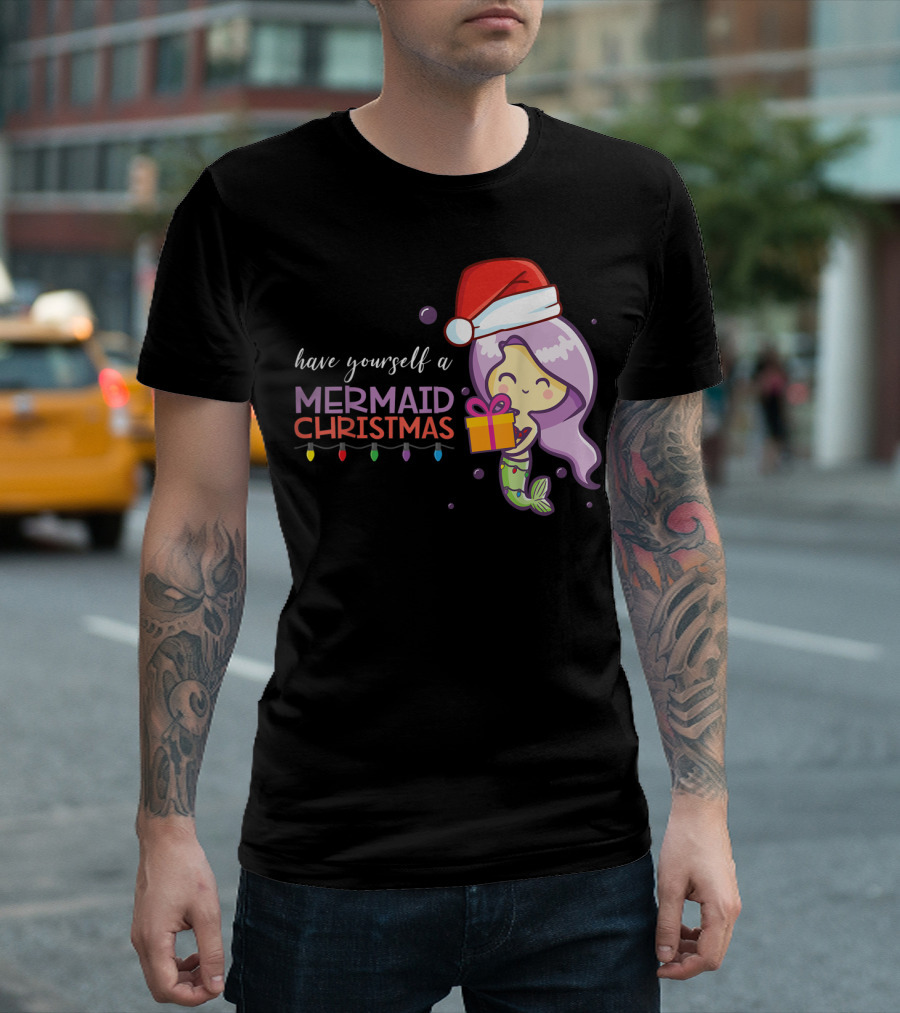 Have Yourself a Mermaid Christmas Santa Hat Purple Hair Gift T-Shirt