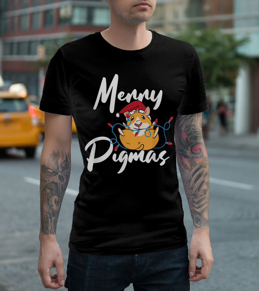 Merry Pigmas Santa Hat Guinea Pig With Christmas Lights T-Shirt