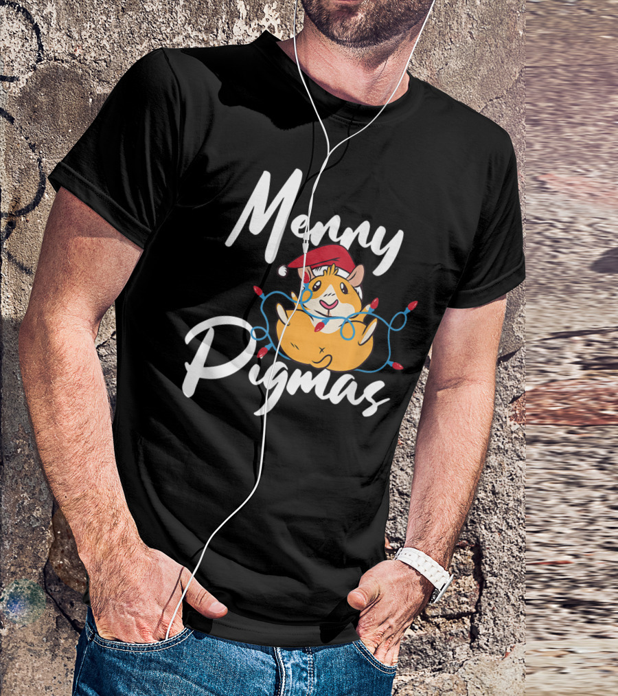 Merry Pigmas Santa Hat Guinea Pig With Christmas Lights T-Shirt