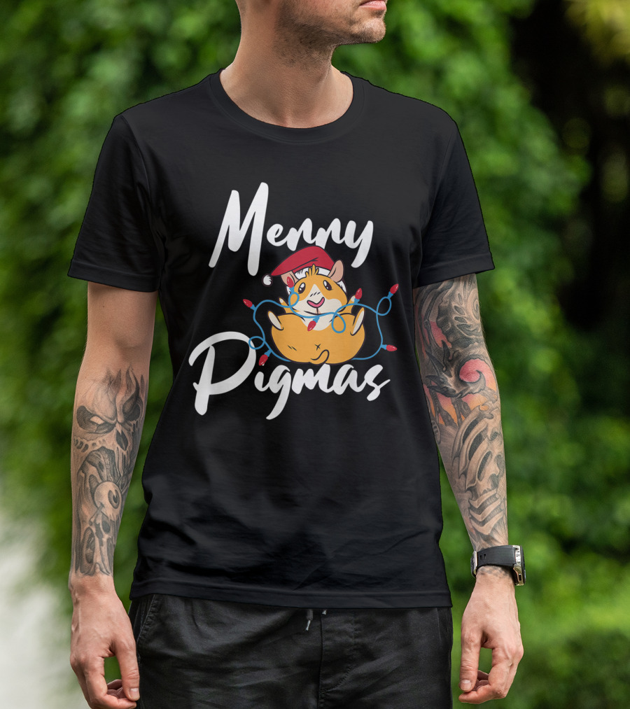 Merry Pigmas Santa Hat Guinea Pig With Christmas Lights T-Shirt