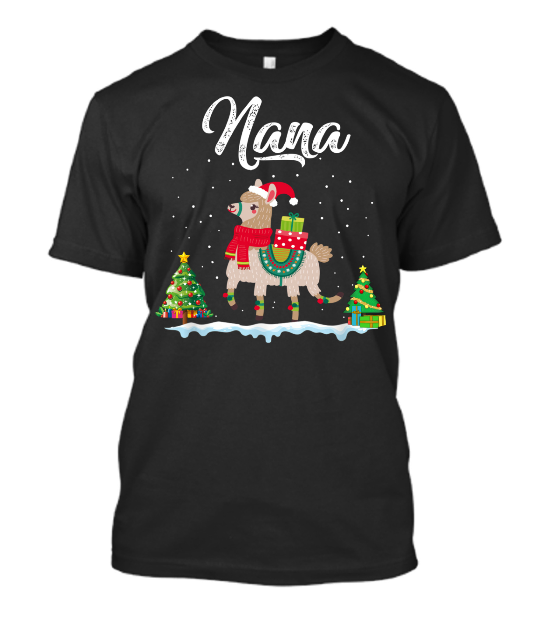 Nana Festive Llama Christmas Scene With Gifts And Trees T-Shirt