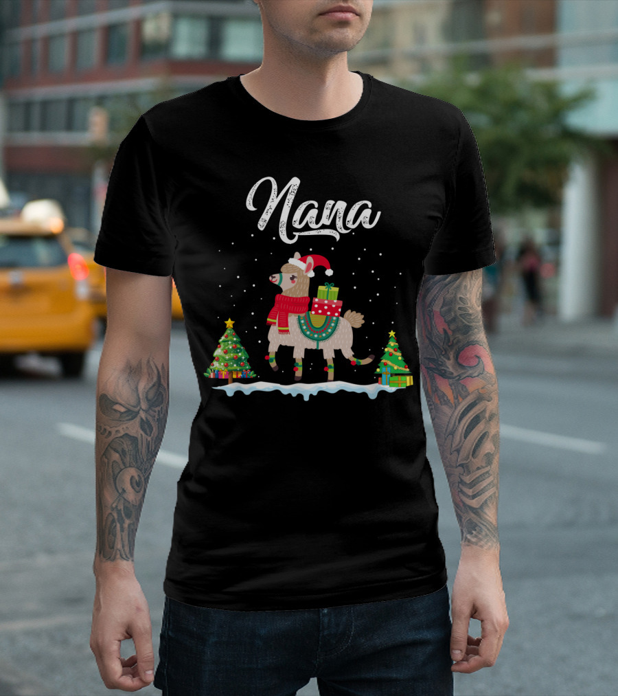 Nana Festive Llama Christmas Scene With Gifts And Trees T-Shirt