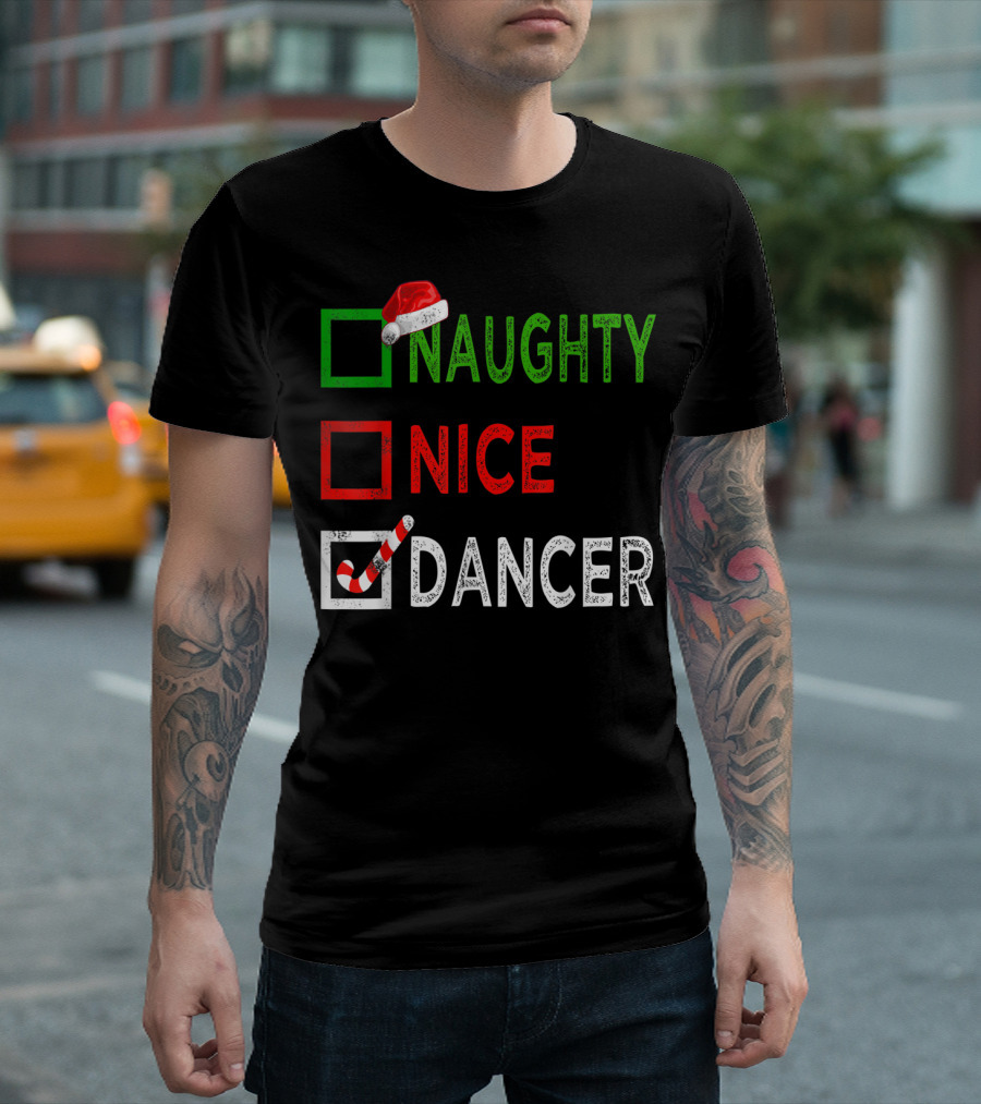 Naughty Nice Dancer Christmas Santa Hat Candy Cane Checkboxes T-Shirt