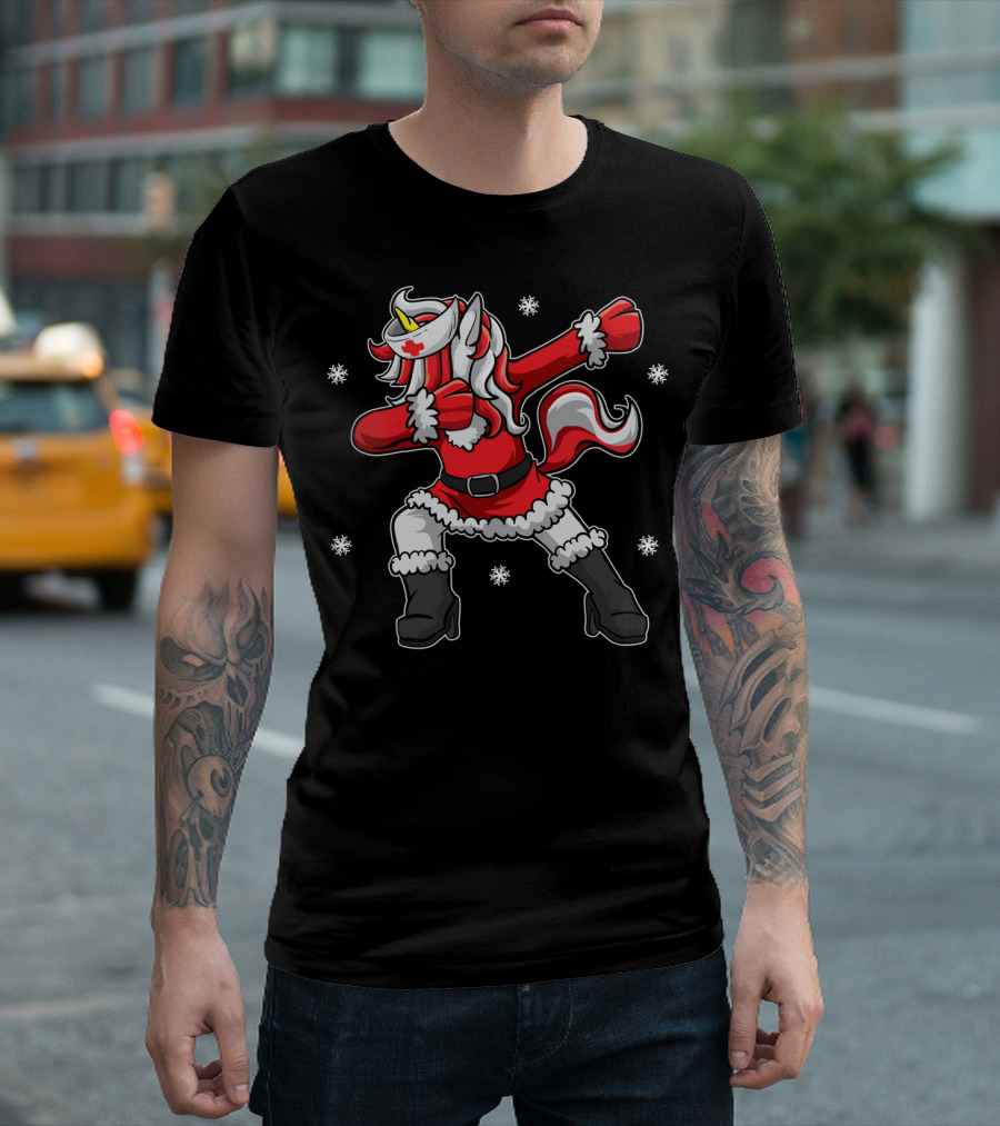 Nurse Elf Dabbing Unicorn RN Hat Santa Outfit Snowflakes T-Shirt