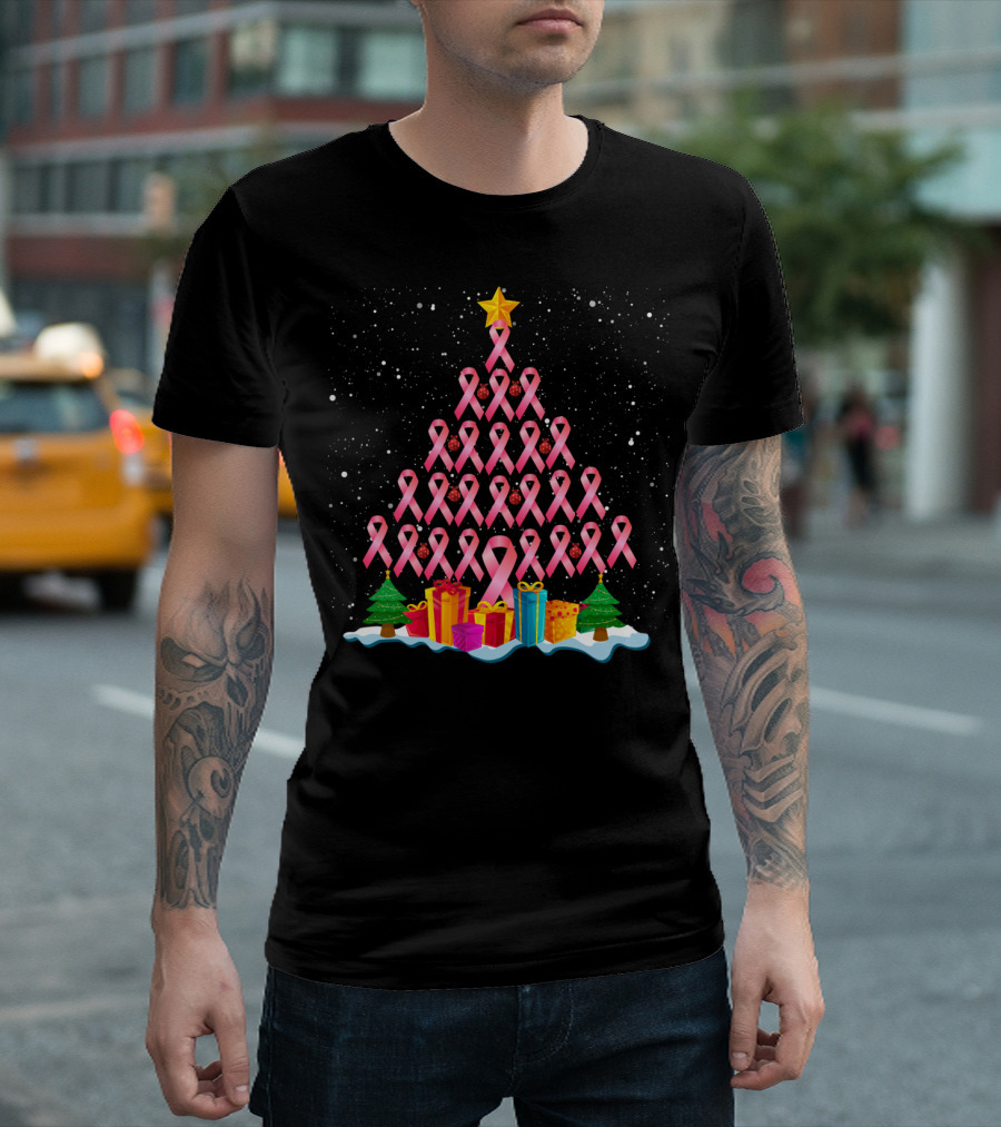 Pink Ribbon Christmas Tree Breast Cancer Awareness Holiday T-Shirt
