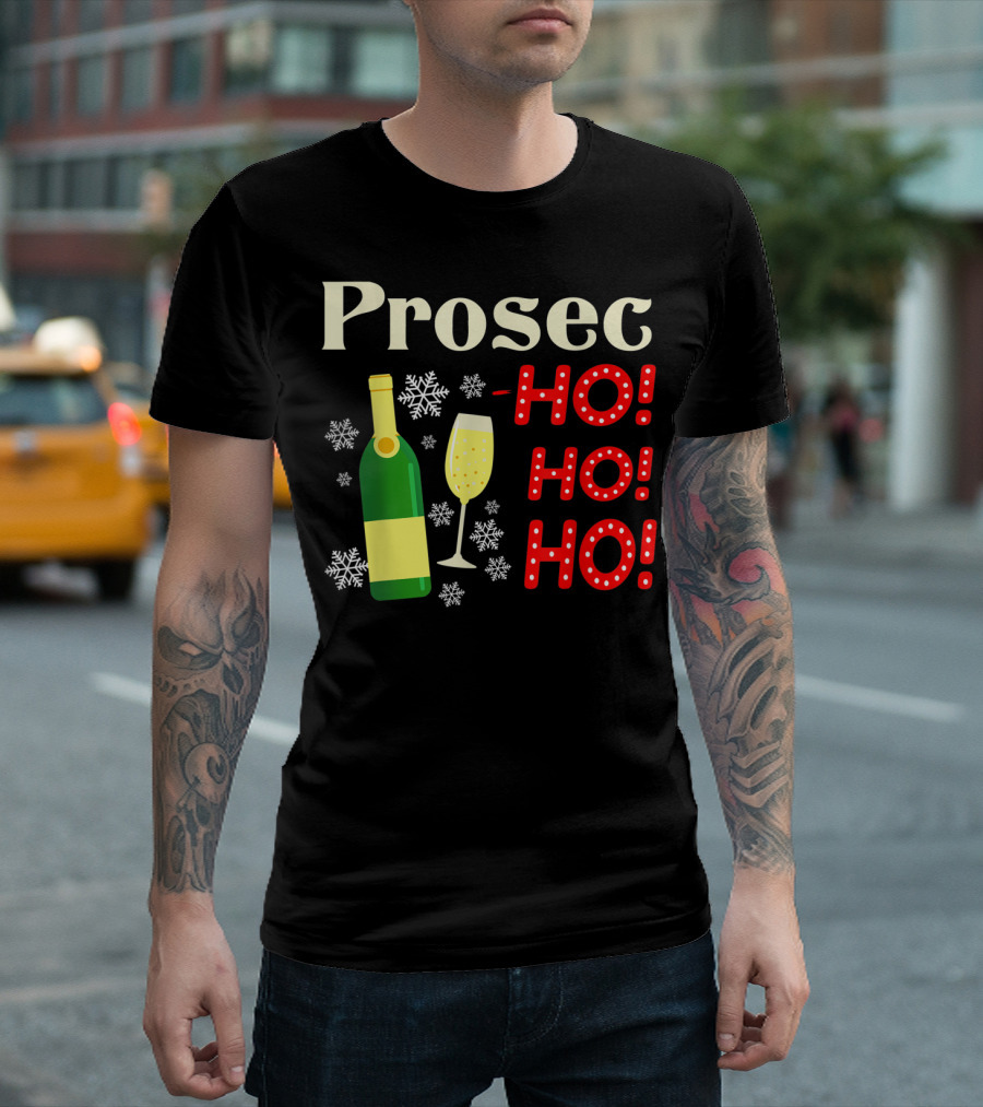 Prosec Ho Ho Ho Bottle Snowflakes Christmas Cheer T-Shirt