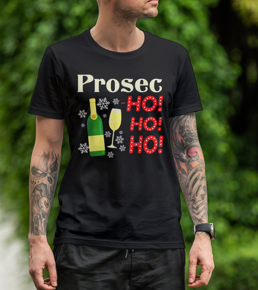 Prosec Ho Ho Ho Bottle Snowflakes Christmas Cheer T-Shirt