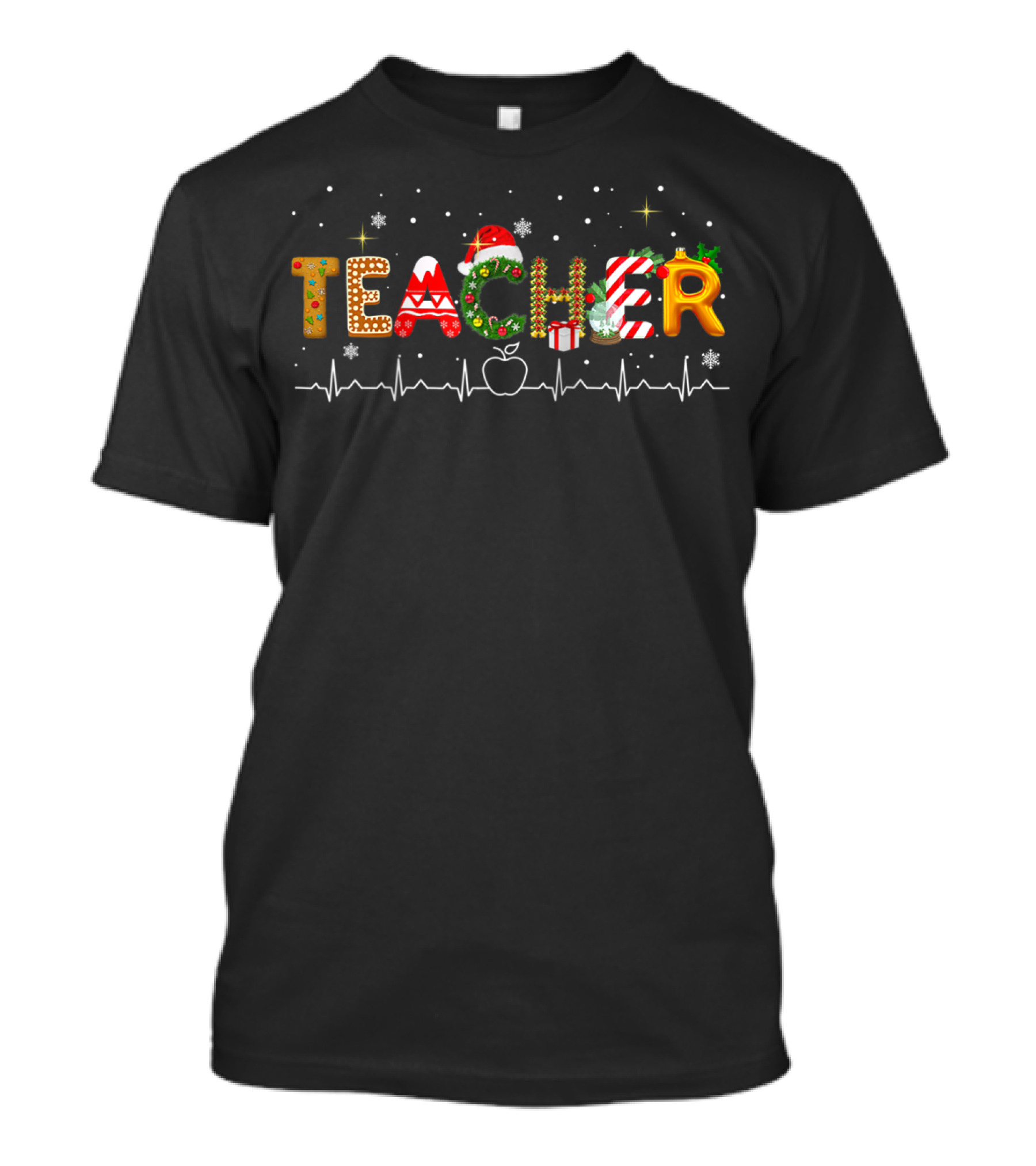 TEACHER Christmas Holiday Festive Theme With Heartbeat Apple Snowflakes Santa Hat And Candy Cane Elements T-Shirt