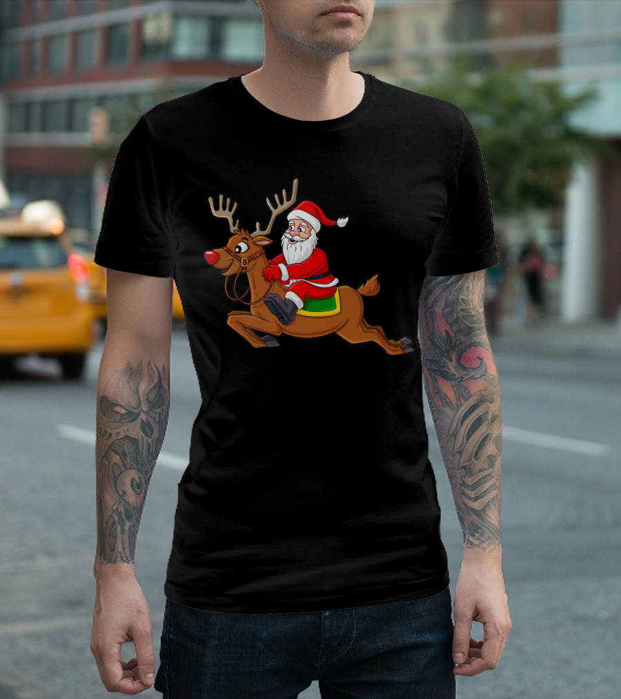 Santa Claus Riding Reindeer Holiday Scene T-Shirt