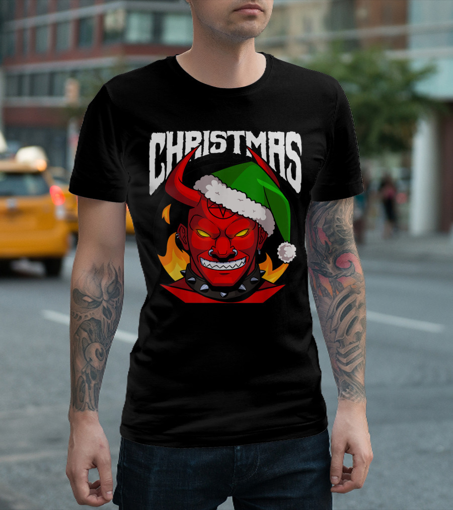 Christmas Santa Evil Satan Demon Flame Horns Hat T-Shirt